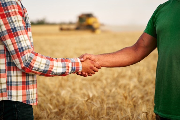 Farmer,And,Agronomist,Shaking,Hands,Standing,In,A,Wheat,Field